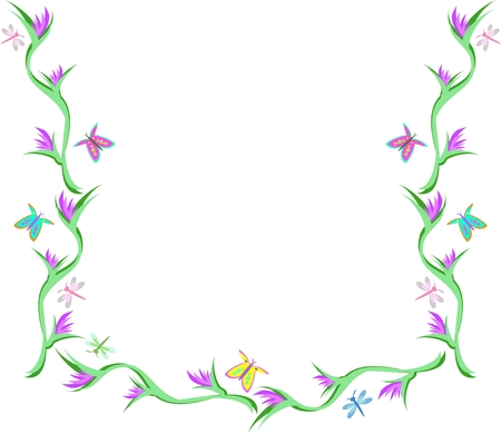 Frame of Flowers, Butterflies, and Dragonfliesのイラスト素材