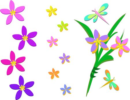 Mix of Tropical Flowers, Bouquet, and Dragonflyのイラスト素材