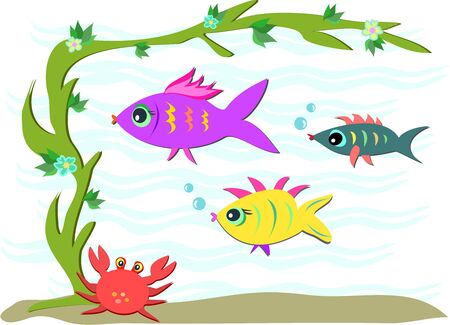 Three Fish and a Crabのイラスト素材