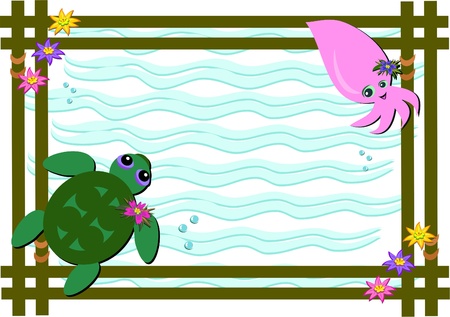 Frame of Sea Turtle and Baby Squidのイラスト素材