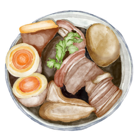 Pork leg and stewed eggs element design for template, watercolor style.のイラスト素材