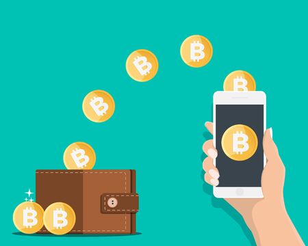 Hand holding mobile phone with relocating bitcoins into wallet. Vector illustration.	のイラスト素材