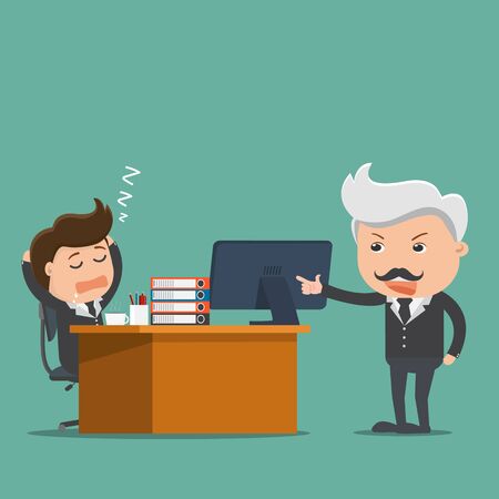 Angry Boss to Businessman Sleeping at office.Boss with Employee.Vector illustration.	のイラスト素材