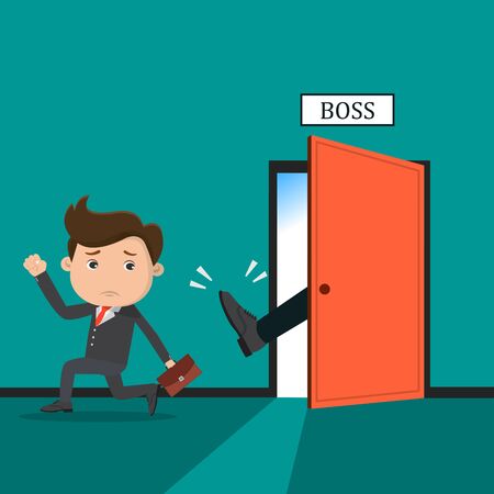 Boss dismisses employee.Manager throw a kick out of the boss's office.Vector illustration.	のイラスト素材