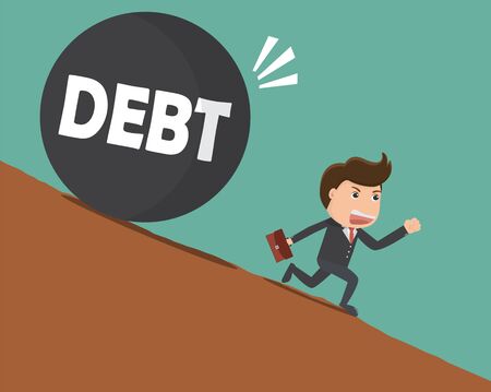 Businessman running away from big stone with message 'debt' - Vector illustration.	のイラスト素材