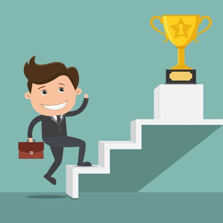 Businessman climbing the stairs of success , Trophy cup - vector illustrationのイラスト素材