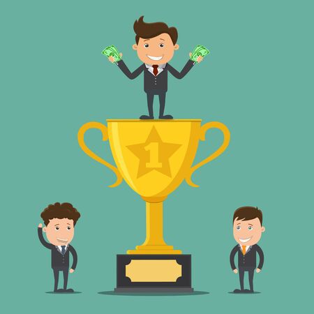 Happy Businessman standing holding money on the trophy cup - vector illustration	のイラスト素材