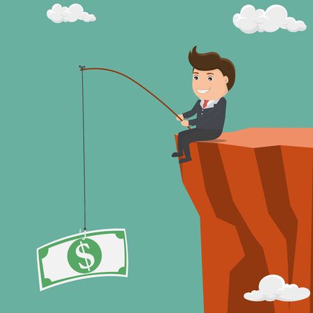 Businessman fishing dollar money on the cliff. passive income investment concept.Vector illustration.	のイラスト素材