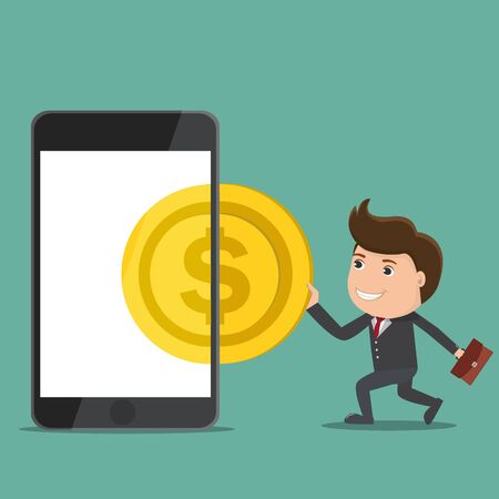 Businessman pushing money coin into the smartphone.Businessman with money.Vector illustration.	のイラスト素材