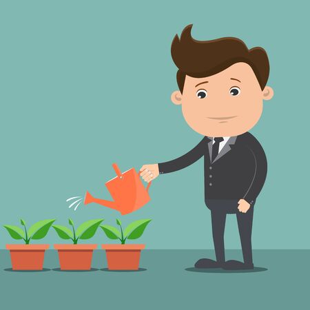 Businessman watering small green plant or tree. Vector illustrationのイラスト素材