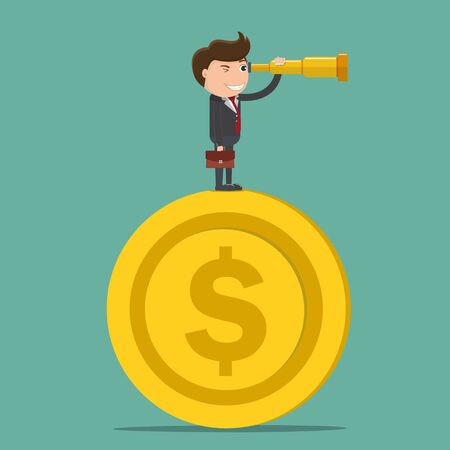 Businessman looking through binoculars on coins, Business vision concepts, Vector illustration	のイラスト素材