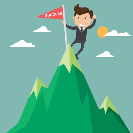 Businessman holding a flag that succeed in mountain ,  concept -vector illustrationのイラスト素材