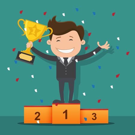 Businessman happy holding trophy cup - vector illustration	
のイラスト素材