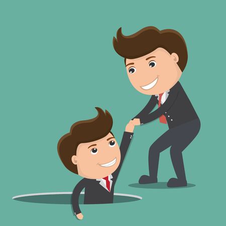 Businessman helping his friend by take him out from the hole. vector illustration.	のイラスト素材