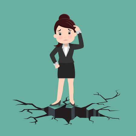 Business woman standing on cracking floor.Vector illustration.	のイラスト素材