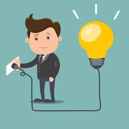Business man is plugged in the bulb , Businessman turns on the light , Business concept - vector illustrationのイラスト素材