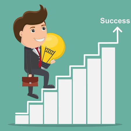 Businessman holding light bulb walks up stairs, Business Success concept - Vector illustration.のイラスト素材