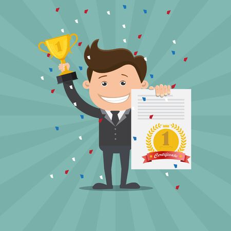 Business man holding up winning trophy and showing an award certificate - Vector illustrationのイラスト素材