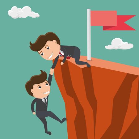 Businessman helping his friend pull up on the cliff. Vector illustration.	
のイラスト素材