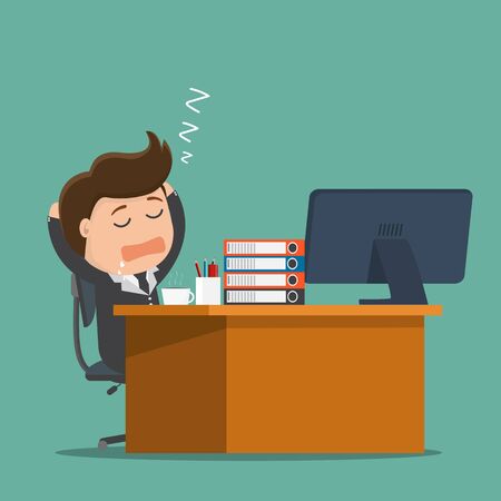 Businessman falls asleep at his desk. Vector illustration.	のイラスト素材