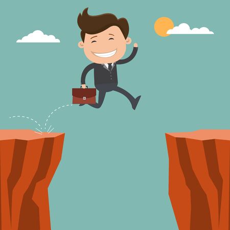 Businessman running jump through the gap on cliff - vector illustrationのイラスト素材