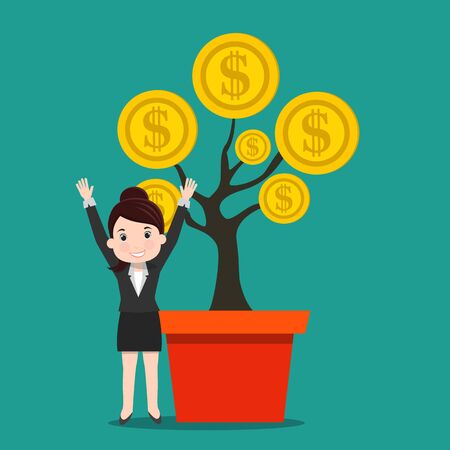 Happy business woman with money tree.Business Concept . Vector illustration.	のイラスト素材