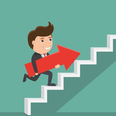 Businessman holding an arrow sign, rising up the stairs.Vector illustration.	のイラスト素材