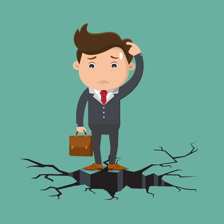 Business man standing on cracking floor.Vector illustration.	のイラスト素材