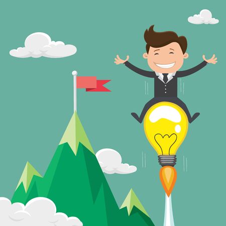 Happy businessman riding idea light bulb flying through the sky. Business success concept - Vector illustration	のイラスト素材