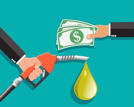 Buying petrol , Fuel pump in hand man in exchange for money , Payment for fuel , Vector illustration.	のイラスト素材