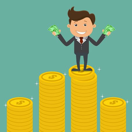Happy Businessman standing holding money on the pile of coins - vector illustration	のイラスト素材