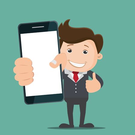 Business man holding smart phone. Business man show smart phone.vector illustration.	のイラスト素材