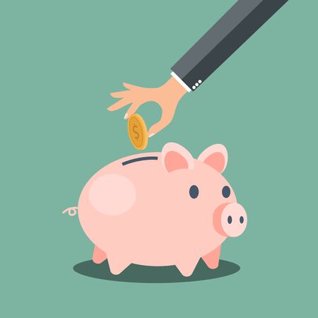 Hand saving money in piggy bank - vector illustrationのイラスト素材