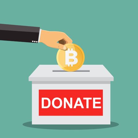Business hand throws golden bitcoin in a box for donations. giving money. Vector illustration	のイラスト素材