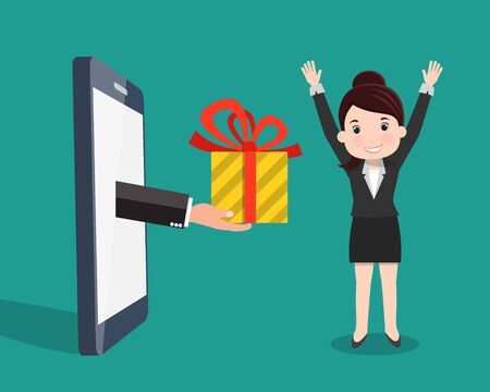 Hand holding gift extended from the phone to the business woman.Giving gift for business man.Vector illustration.	
のイラスト素材