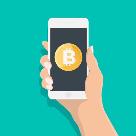 Hand holding smart phone with bitcoins,business concept, Vector illustration.	のイラスト素材