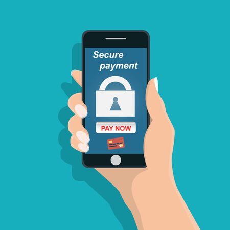 Man holding mobile phone ,Secure payment notification in the screen - Vector illustration.のイラスト素材
