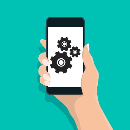 Hand holding phone with gears and cogs.Vector illustration.	のイラスト素材