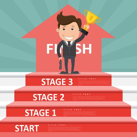 Businessman standing on  the Stage holding up winning trophy,Business concept cartoon.Vector illustrationのイラスト素材