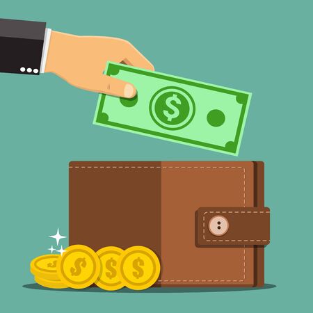 Business hands putting cash dollars into wallet - Vector illustration.	のイラスト素材