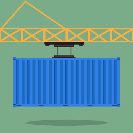Crane lifts a blue container with cargo.のイラスト素材