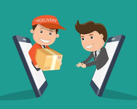 Man Delivering Online with box from smart phone. Man Delivering giving a package box out of smart phone. Delivery concept - vector illustration	のイラスト素材