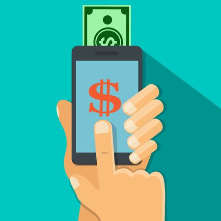 Hand holding smart phone with money transfer  app on the screen,Long shadow - vector illustrationのイラスト素材
