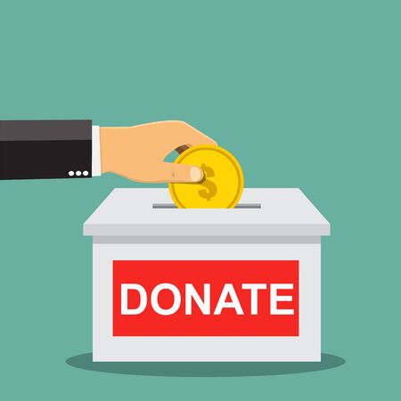 Business hand throws gold coin in a box for donations. giving money. Vector illustration	のイラスト素材