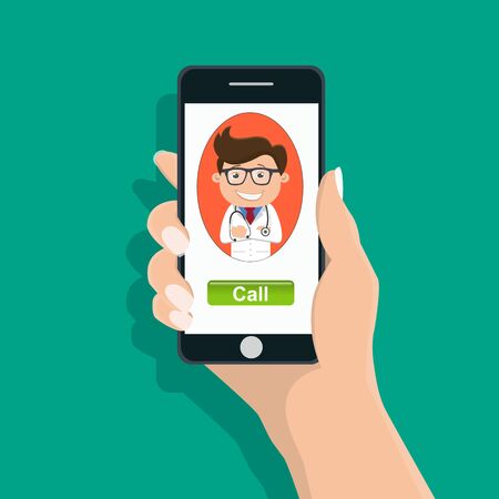Online doctor concept , happy doctor in the screen - Vector illustration.	のイラスト素材