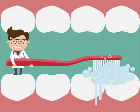 Doctor cleaning teeth in the mouth.Doctor with tooth health concept -Vector illustration.	のイラスト素材