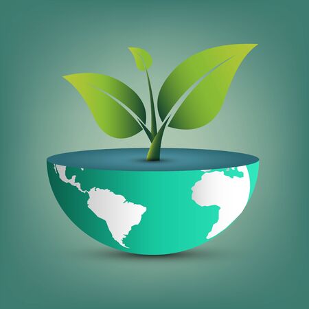 Green leaves on the World ,Environmentally friendly world , Ecological concepts- vector illustrationのイラスト素材