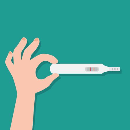 Pregnancy test stick, surprise,Woman holding in hand positive pregnancy test with two red stripes. Vector illustrationのイラスト素材