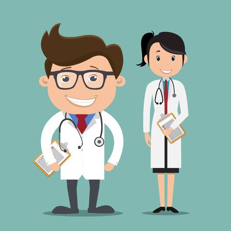 Male and female doctors standing holding clipboard - vector illustrationのイラスト素材