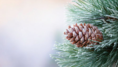 Closeup of a natural icy pine cone on a snowy frosty fir tree background outdoors in winterの写真素材